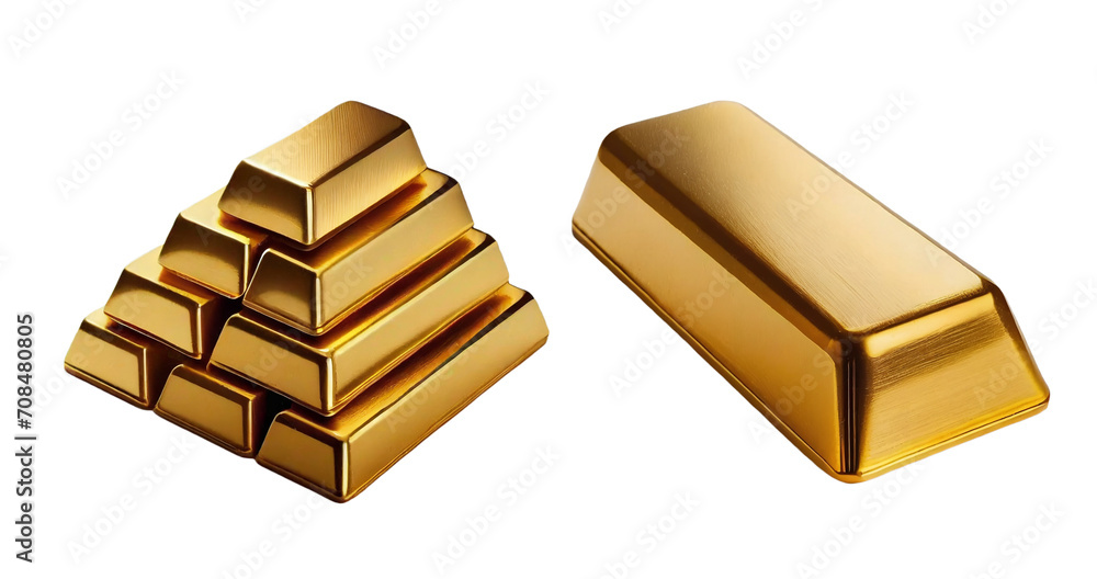 Stack of 3D Gold Bars with a Large Gold Ingot Isolated on Transparent Background, PNG File