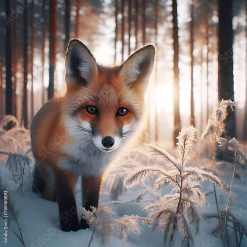 Young fox in winter forest in time of sunrise, big trees in background, shallow depth of field
