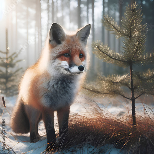 Fox in winter forest, next to young pine tree, in time of sunrise, blur in background, shallow depth of field