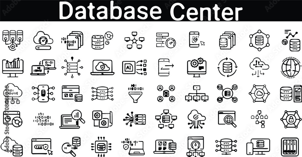 Database center line icons set. Backup storage, setup, network, connection, vector illustration
