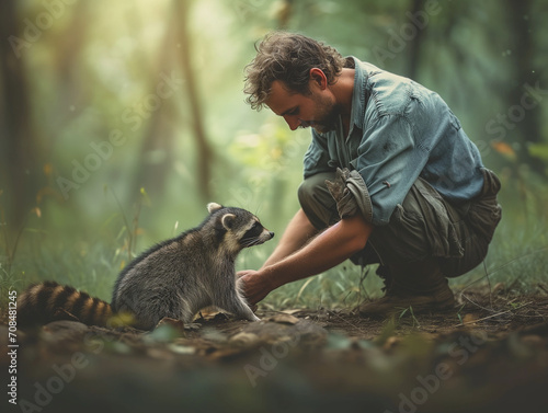 A Photo of a Man Playing with a Raccoon in Nature