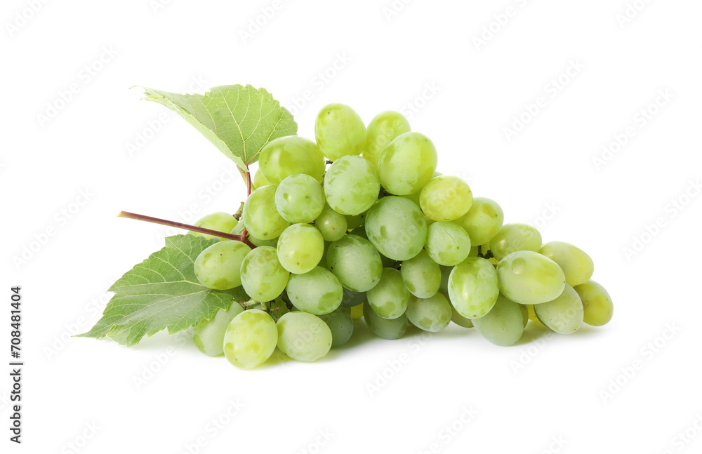 Fresh ripe grapes and leaves isolated on white