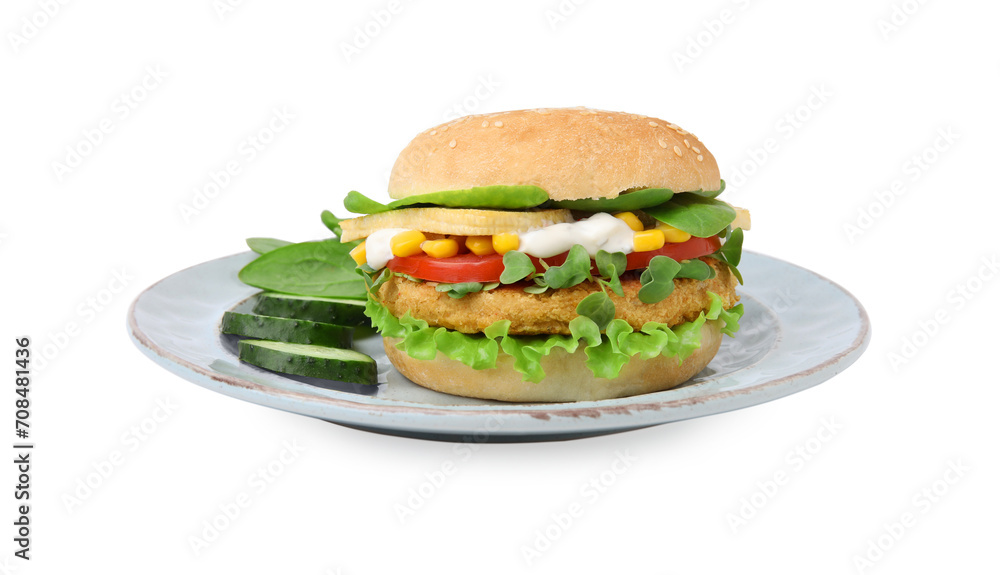Tasty vegan burger with vegetables, patty and microgreens isolated on white Tasty vegan burger with vegetables, patty and microgreens isolated on white