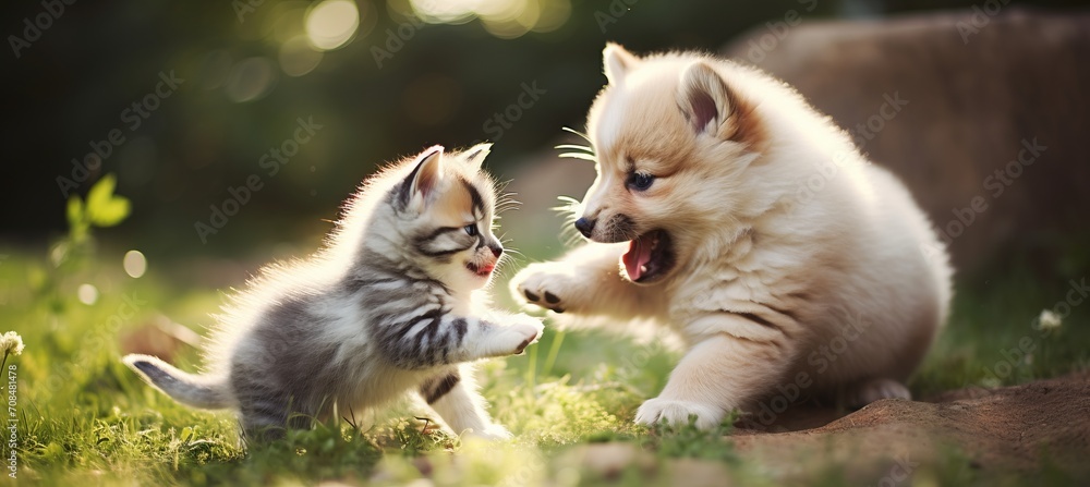 Kitten and dog playing on lawn in bright summer day with blurred background   copy space available
