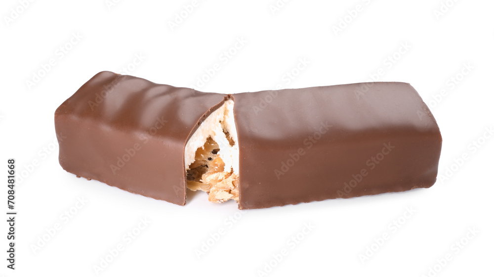 Tasty chocolate bar with nougat and nuts isolated on white Tasty chocolate bar with nougat and nuts isolated on white