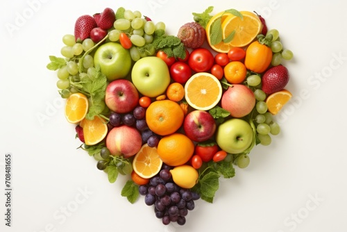 Colorful and healthy heart shaped fruit and vegetable medley isolated on white background, top view