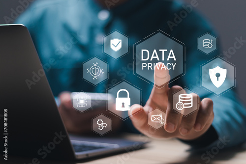 Data protection and security important information. Person touch virtual screen of data privacy word with security icons. business, technology, internet and network.