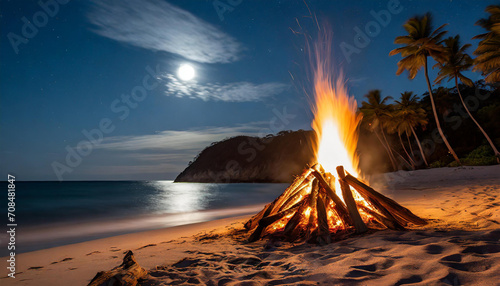 Bonfire at the beach in a moonlight night. photo