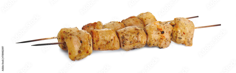 Skewers with delicious fresh shish kebabs isolated on white Skewers with delicious fresh shish kebabs isolated on white
