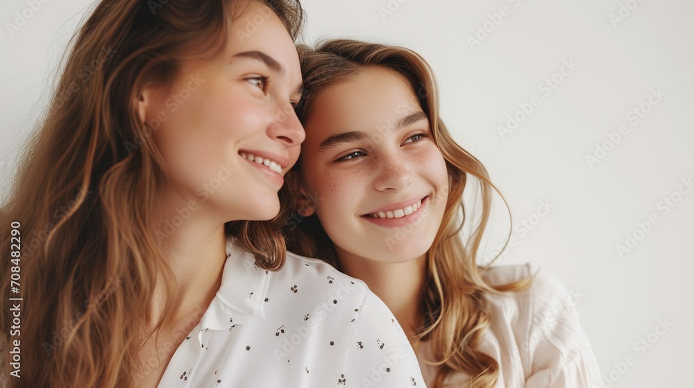 Happy Mother and Teenage Daughter Together Against White Background - Joyful Family Bonding Happy Mother and Teenage Daughter Together Against White Background - Joyful Family Bonding