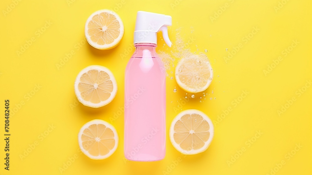 Captivating Top View Photo of White Spray Bottle Amidst Ice Cubes, Yellow Lemons, and Water Drops on Pastel Pink Background – Refreshing and Vibrant Composition for Any Concept or Project