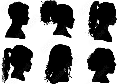 Set mit 6 Vektor Silhouetten - Moderne weibliche Frauen Profile - Trend Style Frisuren und Aussehen