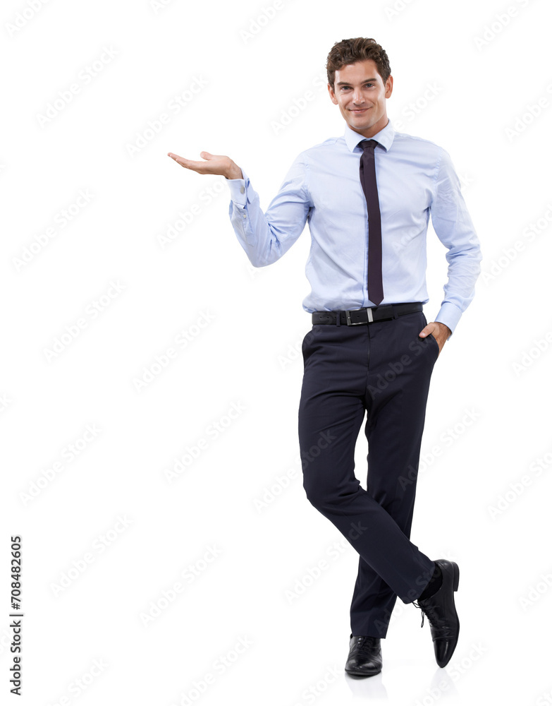 Entrepreneur, portrait and choice in hand with mockup, space and white background in studio. Confident, businessman or gesture show option with information, advice or presentation of recommendation Entrepreneur, portrait and choice in hand with mockup, space and white background in studio. Confident, businessman or gesture show option with information, advice or presentation of recommendation