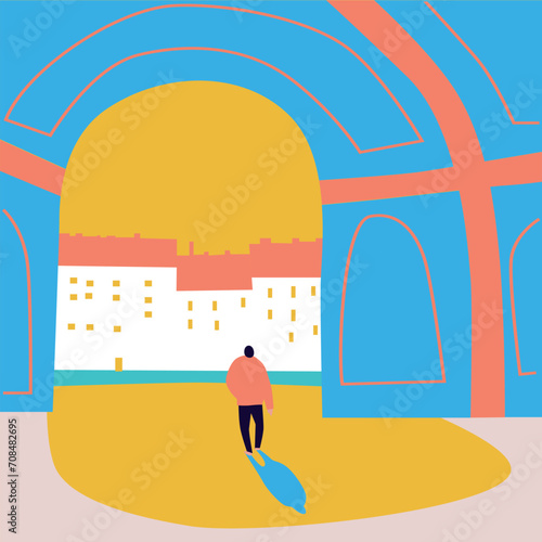 Futuristic cityscape. City street, road. Vector illustrations. Typographic poster design. Background.