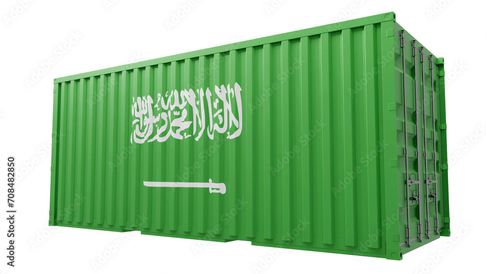 Shipping container with Saudi Arabia flag on transparent background. PNG of a cargo with Saudi Arabia flag. 3d rendering Shipping container with Saudi Arabia flag on transparent background. PNG of a cargo with Saudi Arabia flag. 3d rendering