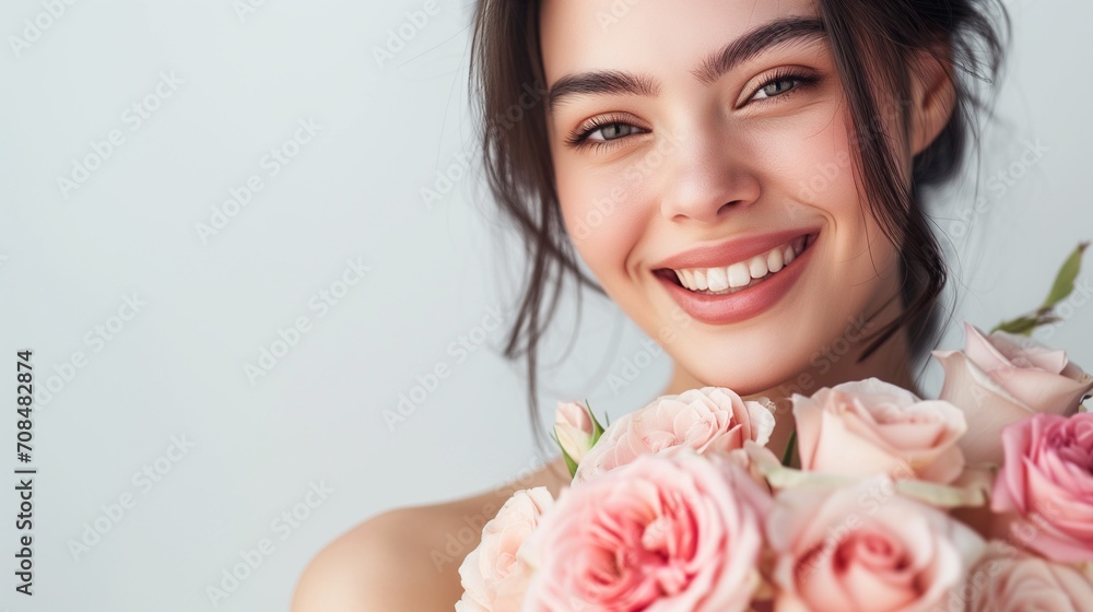 Joyful Smiling Woman Holding a Bouquet of Roses, Perfect Background Image for Greeting Cards and Invitations with Ample Space for Your Personal Message