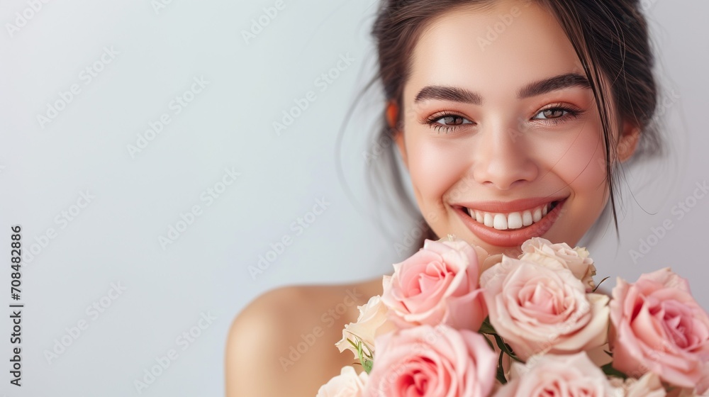 Joyful Smiling Woman Holding a Bouquet of Roses, Perfect Background Image for Greeting Cards and Invitations with Ample Space for Your Personal Message Joyful Smiling Woman Holding a Bouquet of Roses, Perfect Background Image for Greeting Cards and Invitations with Ample Space for Your Personal Message