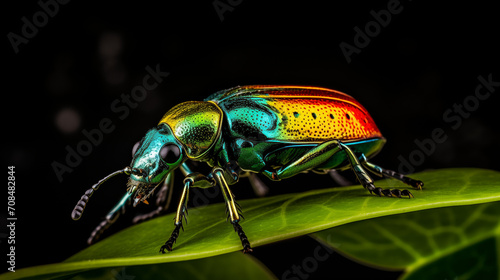 photograph jewel beetle on leaf in black background