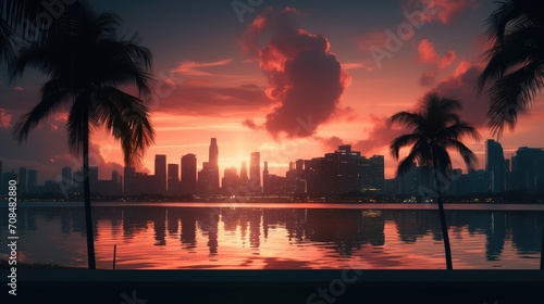 Beautiful landscape with a modern city and palm trees. AI generated. © Viktor