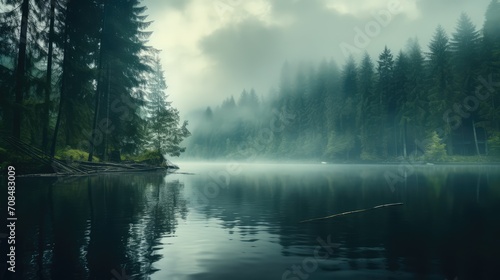 Misty lake in wild forest. AI generated.