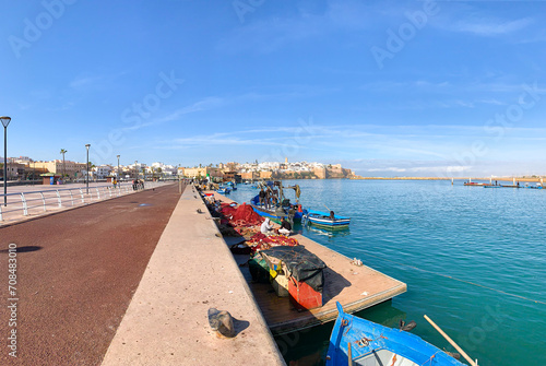 View of the harbour of Rabat, Morocco located in the river Bou Regreg at the mouth of the Atlantic Ocean.  Kasbah of Udayas fortress in Rabat Morocco. Kasbah Udayas is ancient attraction of Rabat photo