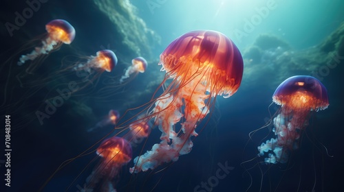 A smack of bright and colorful jellyfish. AI generated. © Viktor