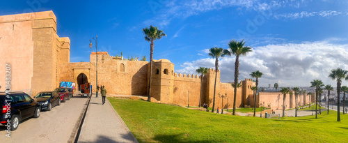 Rabat, Morocco - January 4, 2023: The wall of the Kasbah of the Udayas  initially built in the 12th century to overlook the mouth of the Bou Regreg, the river of Rabat. photo