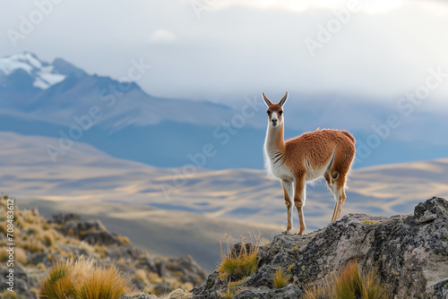 Capture a guanaco standing alert on a rocky hill in Patagonia. The background features a panoramic view of the rugged terrain