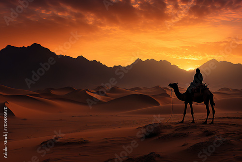 Illustrate a photographer capturing the striking silhouette of a camel against the backdrop of a desert landscape at dusk. 