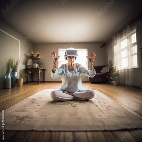 An elderly woman in virtual reality glasses does yoga on a rug in the room