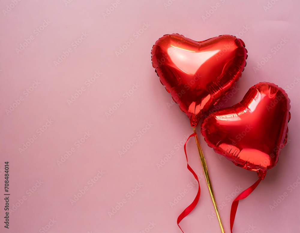 two red heart balloons on a pink background