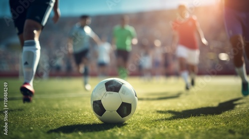 A soccer ball in a sports stadium in close-up during a game with football players on the field © Vadim