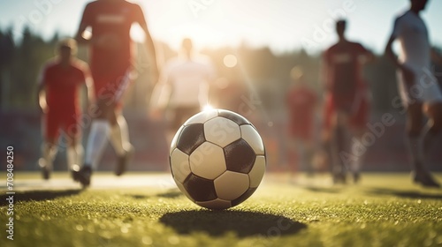 Football players playing football in the stadium with a ball.