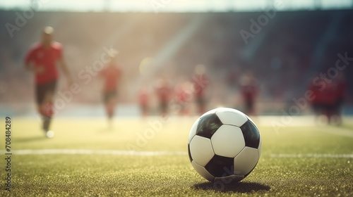A soccer ball in a sports stadium in close-up during a game with football players on the field