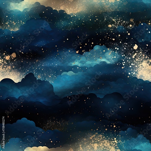 Watercolor night sky. Seamless pattern with gold foil constellations, stars and clouds on dark blue background. Space, astronomical concept. Design for textile, fabric, paper, print