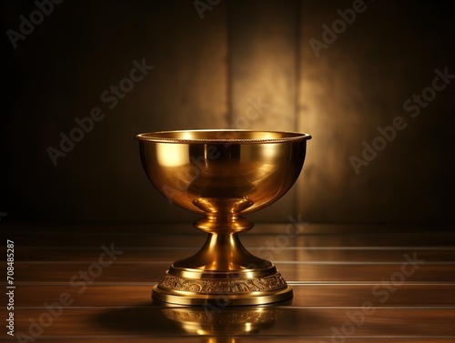 Golden champion cup on dark background.