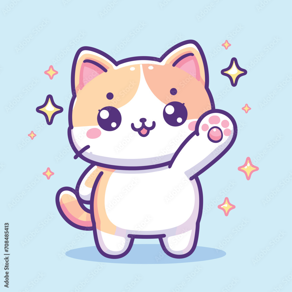 cute Cat waving hand cartoon icon illustration