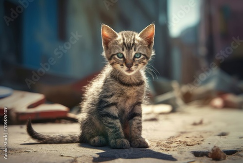 Sad abandoned hungry kitten. Animal protection feline pet sad. Generate Ai