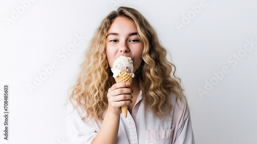Summer concert. Glad positive woman holds tasty frozen ice cream  enjoy eating delicious cold dessert  poses on background  feels happy.