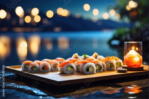 Sushi plate with light decoration, on top of water lake night background