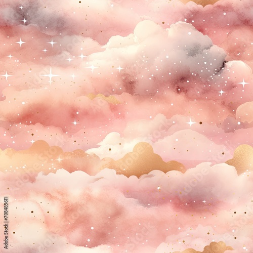 Watercolor sunset or sunrise sky. Seamless pattern with pink and purple clouds. Beautiful nature concept. Design for textile, fabric, paper, print photo