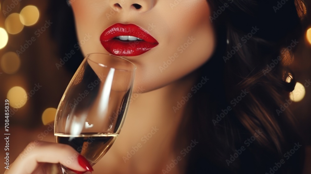 glamour portrait of a beautiful girl with a glass of tasty champagne at new year's party closeup glamour portrait of a beautiful girl with a glass of tasty champagne at new year's party closeup