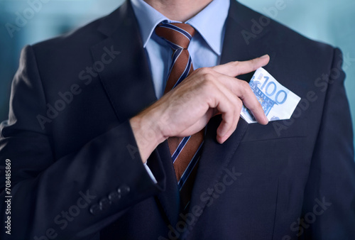Foto Business, person and cash in pocket, bribe or fraud with corporate investment, finance or extortion