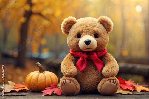 Toy bear with decoration, on autumn forest background © WrongWay