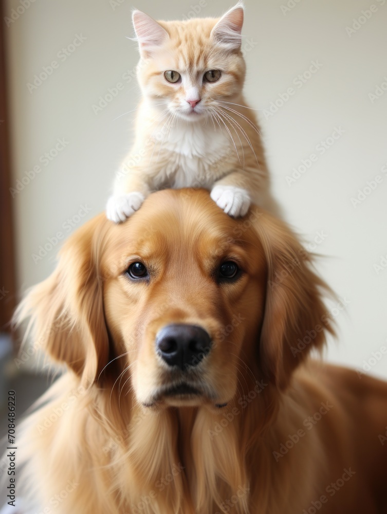 a little Cat sitting on a dog's head. Kitten and puppy together. Home pets. Animal care. Love and friendship. Domestic animals.