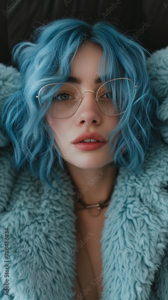 Portrait of woman with blue hair in coat, ai Portrait of woman with blue hair in coat, ai
