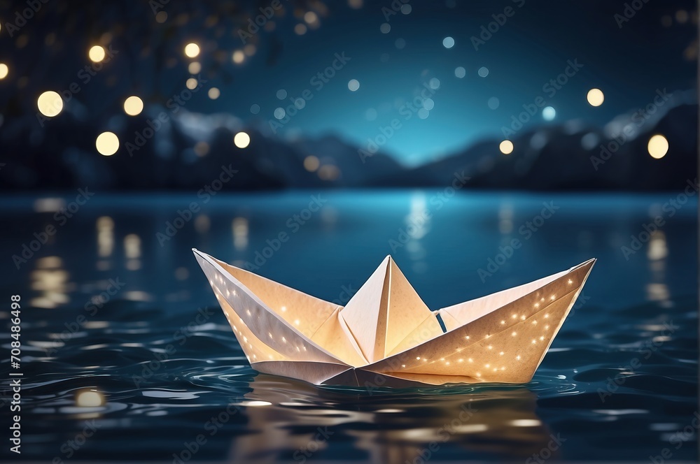 Paper boat with light decoration, on top of water lake night background