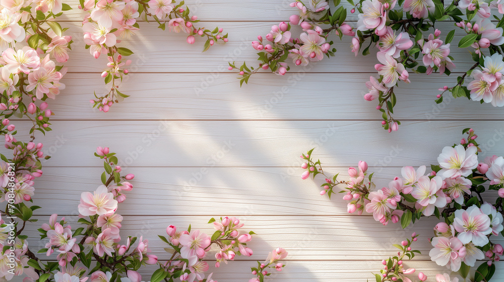 Fototapeta premium Spring Flowers Border on Light Wooden Surface
