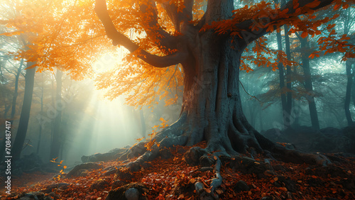 fog landscape with old magic tree