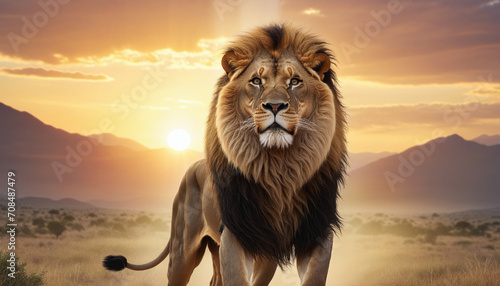 Powerful lion representing the Lion of Judah in a ardent sunset setting. Christian themed illustration created with artificial intelligence.